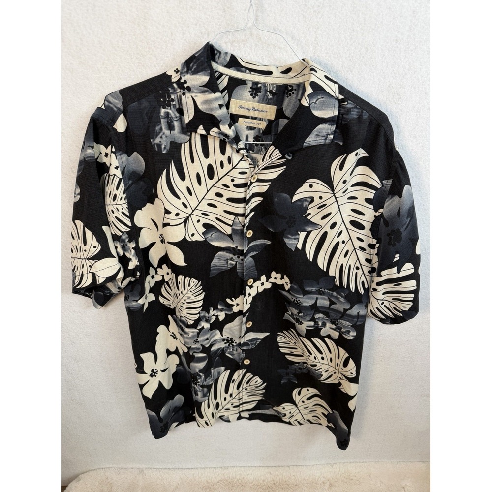 Tommy Bahama Silk Hawaiian Shirt Black Gray White Size Large Camp S/S READ